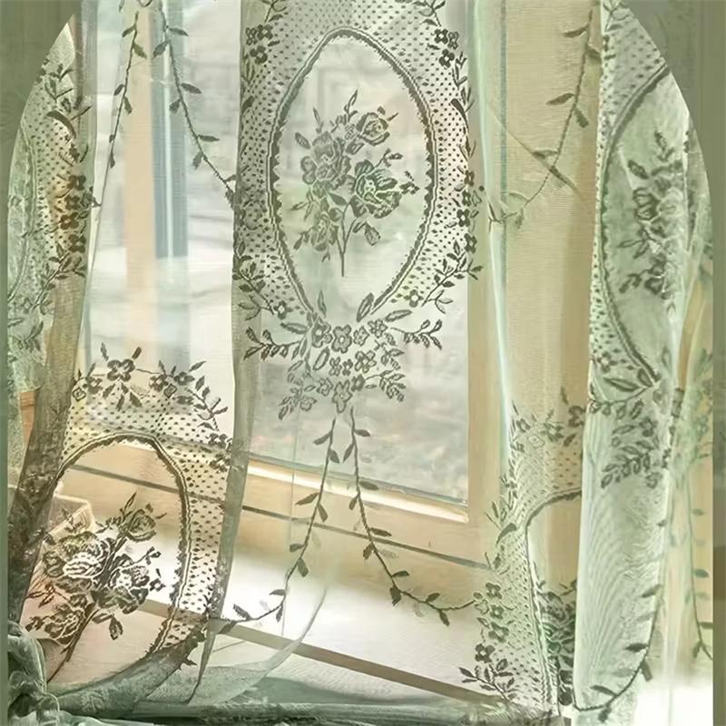 1 Stück Grüne Spitzenvorhänge Wohnzimmer- und Schlafzimmer-Trennvorhänge Fertige Gaze-Rollos Perforierter Lotusblatt-Spitzenstangen-Stil Schlafzimmergardinen