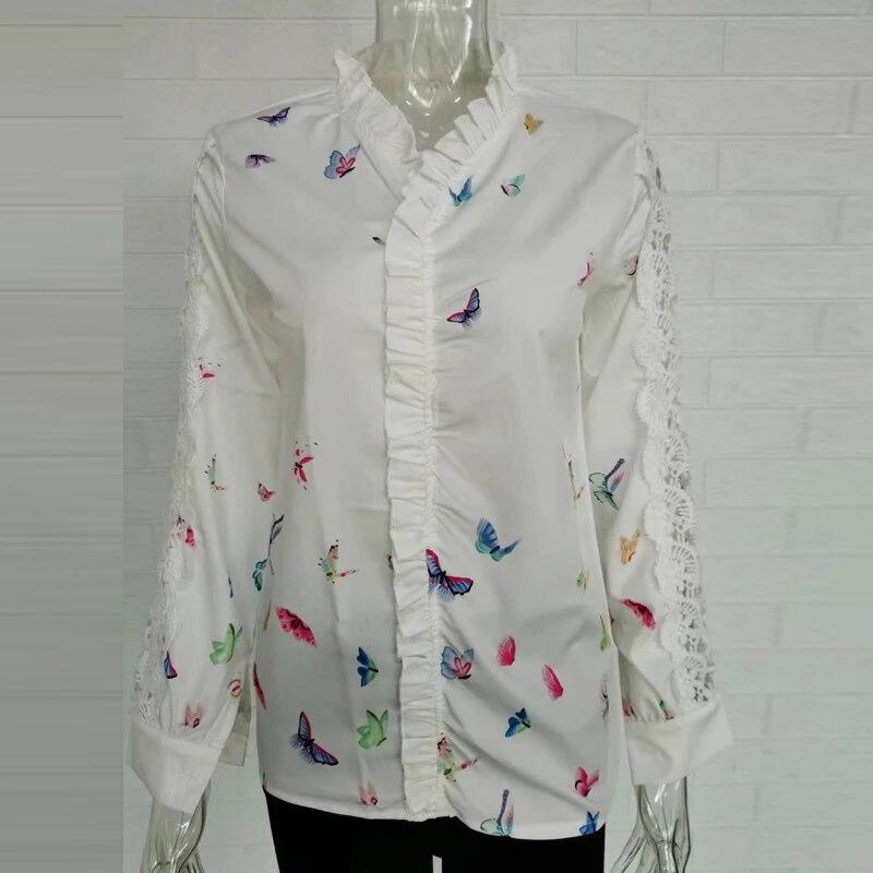 2026 Spring Elegant Long Sleeve Spliced Lace Blouse Women Sweet Print Ruffled Collar Tops White Shirt Loose Clothes 30642