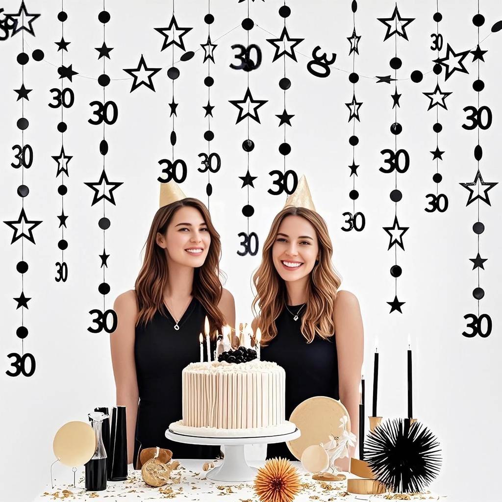 Black 30th Birthday Garland Black 30 Circle Dot Twinkle Star Streamer Hanging Bunting Banner Backdrop for Him/Her 30 Years Old Birthday Party