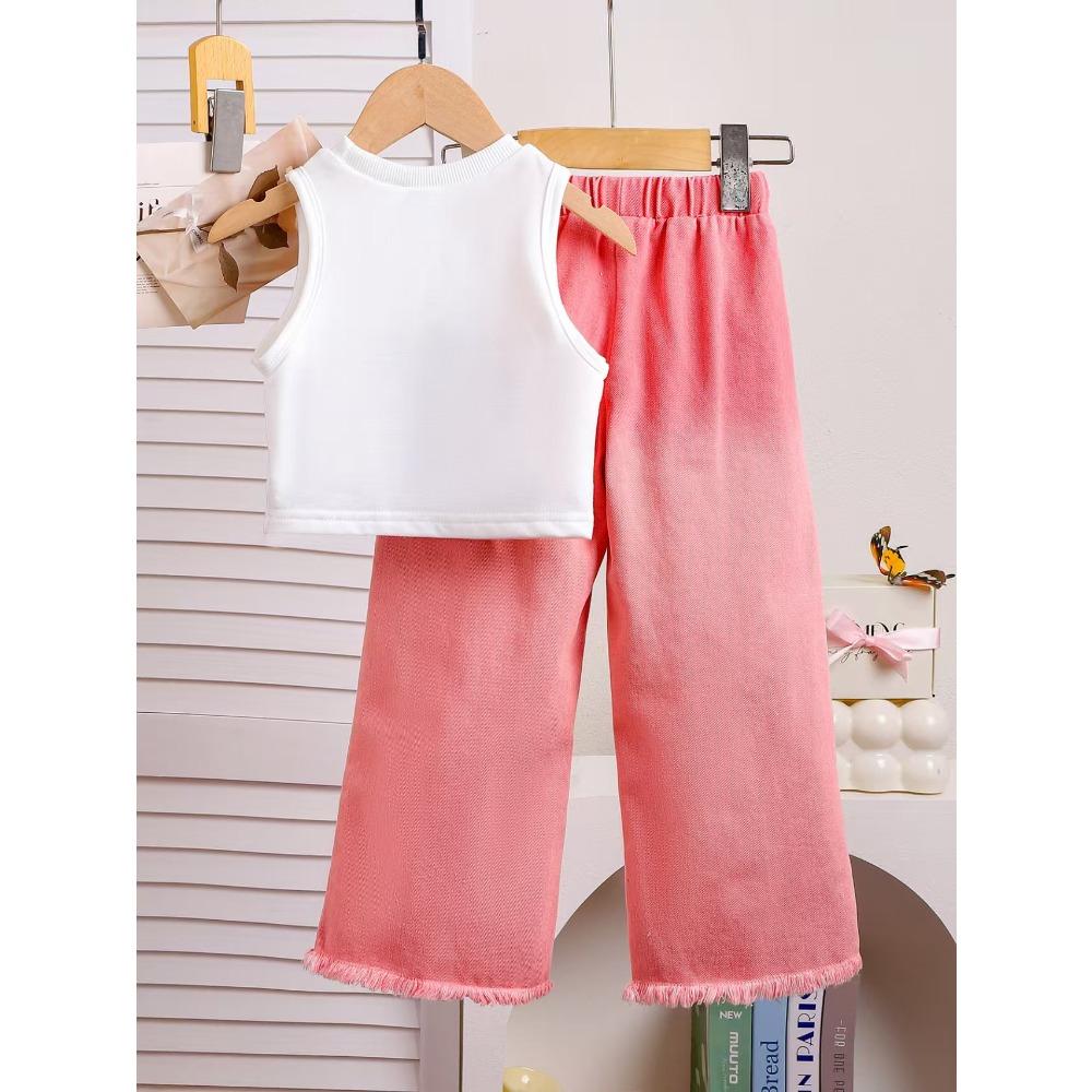 Vaikiški drabužiai Mergaitėms 4-7 m. Rinkinys trumpomis rankovėmis Vasarinis be rankovių topas su kaspinėliu + Rožinis plėšytas džinsinis kelnių rinkinys