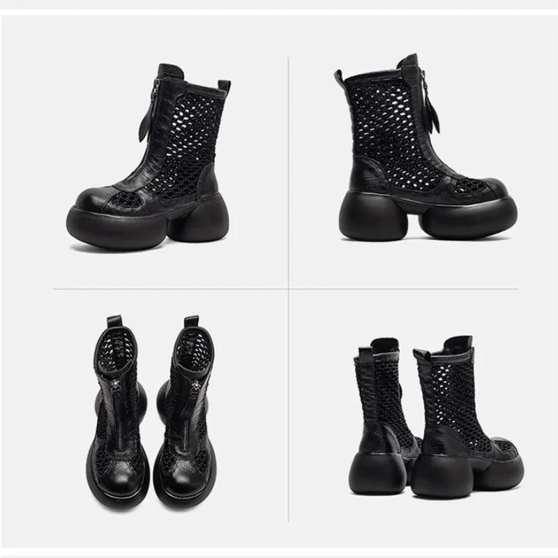 Johnature Genuine Leather Patchwork Mesh Thick Heel Hollow-out Boots Retro Women's Platform Shoes