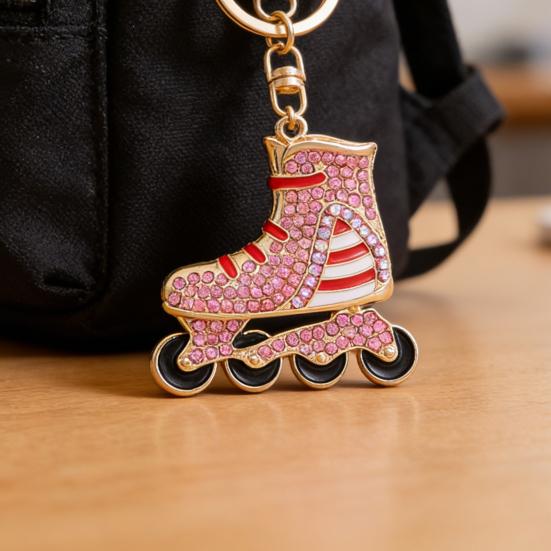 Rhinestone Striped Roller Skates Keychain Alloy Key Ring Backpack Schoolbag Hanging Decoration Bag Charm Purse Pendant