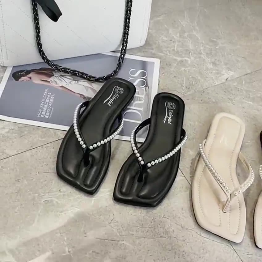 Fashion Shoes String Bead Square Toe Low Rubber Flip Flops Woman's Slippers Slides Fashion Hawaiian 2025 Luxury Summer Flat Fabric Hoof