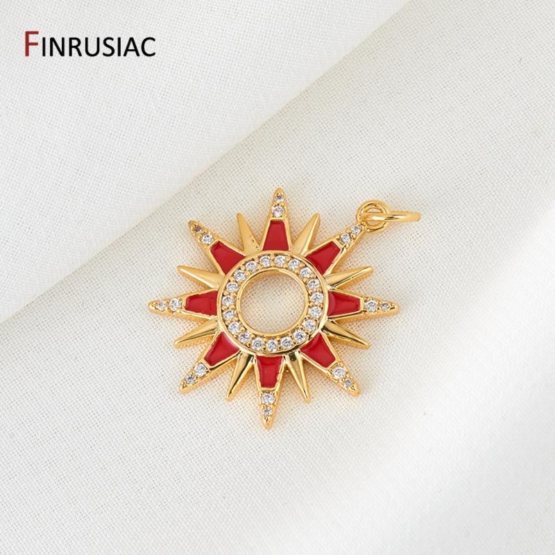

14K Gold-Plated Enamel Red And White Sun Pendant, Pave Setting Zircon Round Sun Charms DIY Handmade Jewelry Necklace Components 1 piece