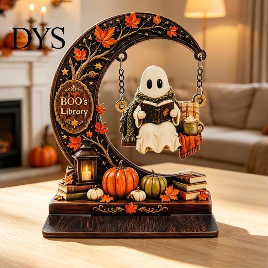Distressed Wood Halloween Sign Swinging on Moon Decoration, Spooky Reading Ghost/Skeleton Wooden Bookshelf Ornament Indoor Party Supplies for
