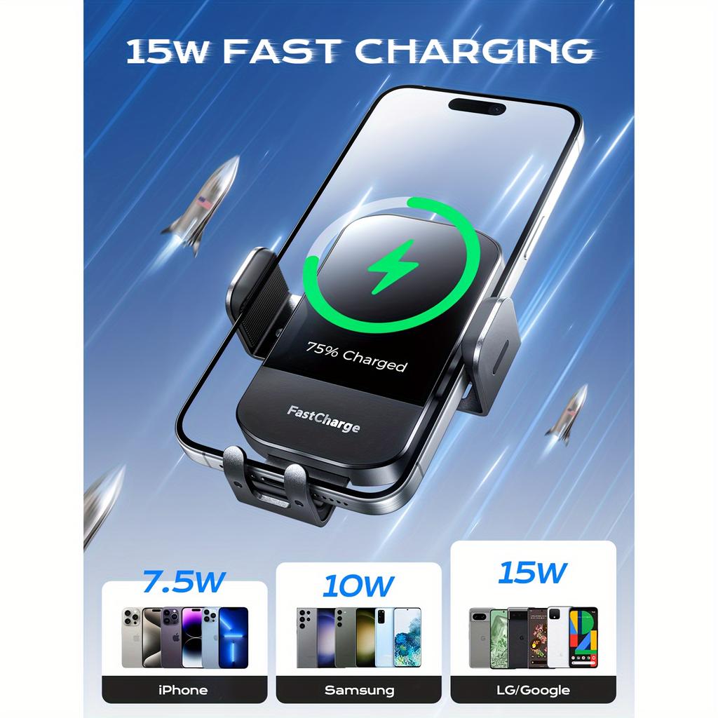 Suporte para celular automotivo 15W Carregador sem fio para carro Ligação de três eixos Braço de metal com fixação por indução automática