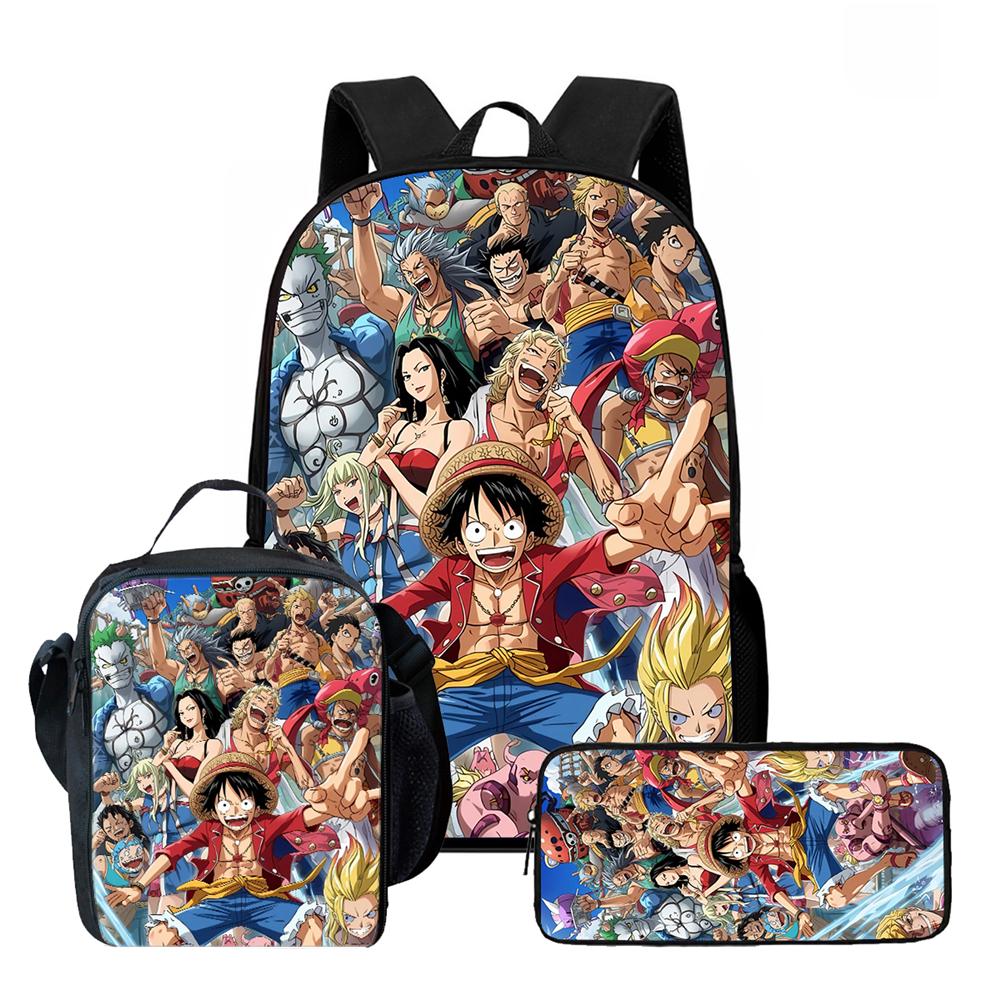 One Piece 3-In-1 Cartoon Lightweight Adjustable School Backpack with Lunch Bag& Pencil Case for Children Age 6-10 Primary School