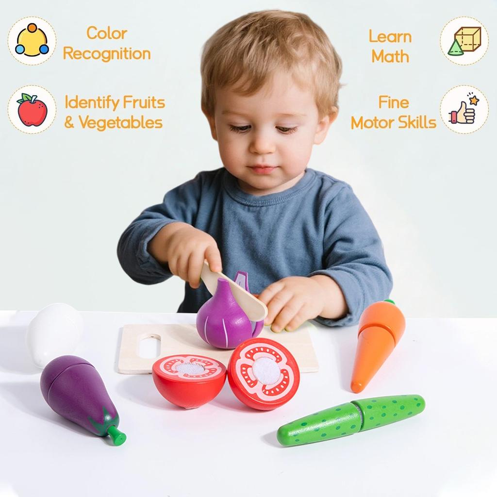 Wooden Fruit Vegetables Cutting Set for Kids, Food Pretend Play Simulation Kitchen Role Play Educational Toys For Children