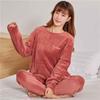 Women's Flannel Warm Home Sleepwear Sets Solid Color Round Neck Fleece Thick Pullover Lady Pajamas Long Sleeve Pants Casual 2Pcs