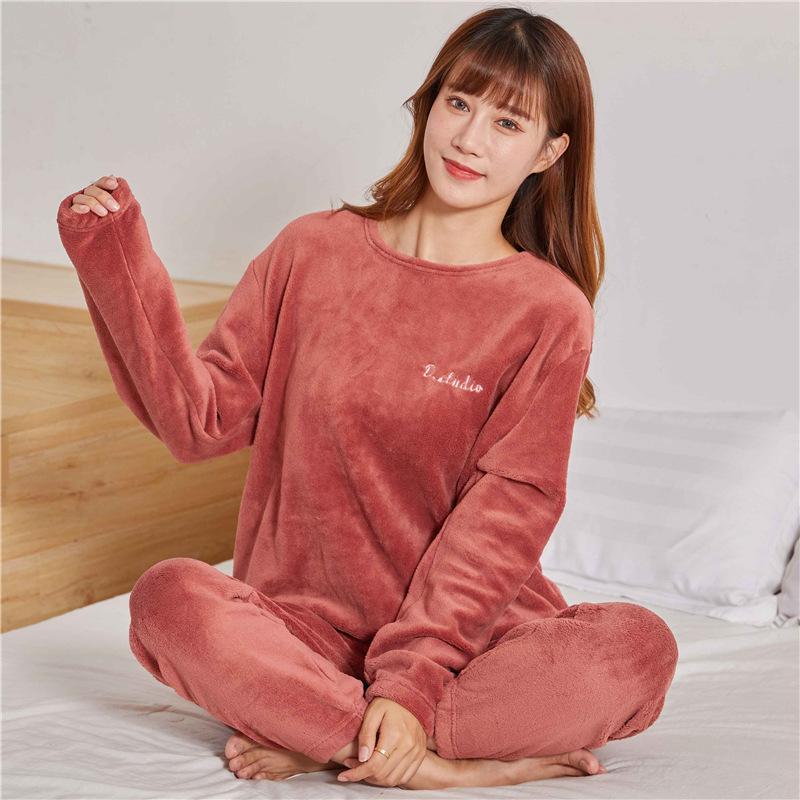 Women's Flannel Warm Home Sleepwear Sets Solid Color Round Neck Fleece Thick Pullover Lady Pajamas Long Sleeve Pants Casual 2Pcs