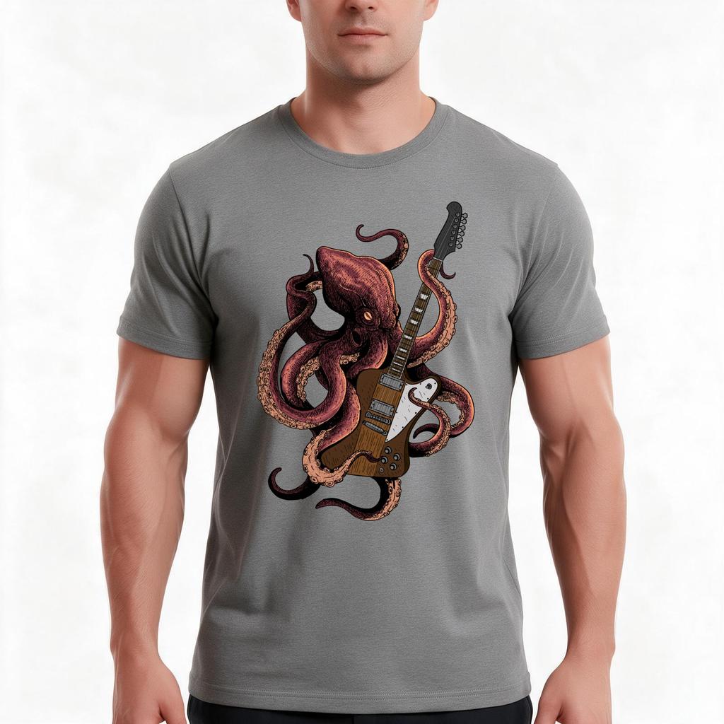 Octopus Playing Guitar Tshirt Summer Casual Cotton Tee Oversized Streetwear Tops Vintage Graphic Print Unisex Unisex Unisex