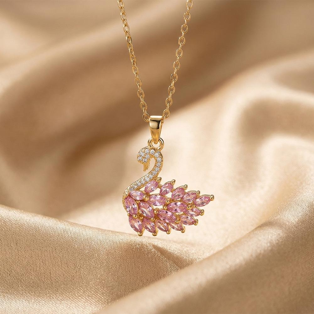 Luxury Swan Pendant Necklace for Women, Cubic Zirconia Inlaid Copper Charm, Gold Silver Plated Stainless Steel Chain, Elegant Jewelry