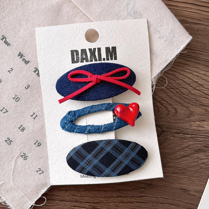 High Quality Korean Sweet Academic Hair Clip Navy Plaid Bow BB Clip for Girls Versatile Side Clamp with Polka Dots