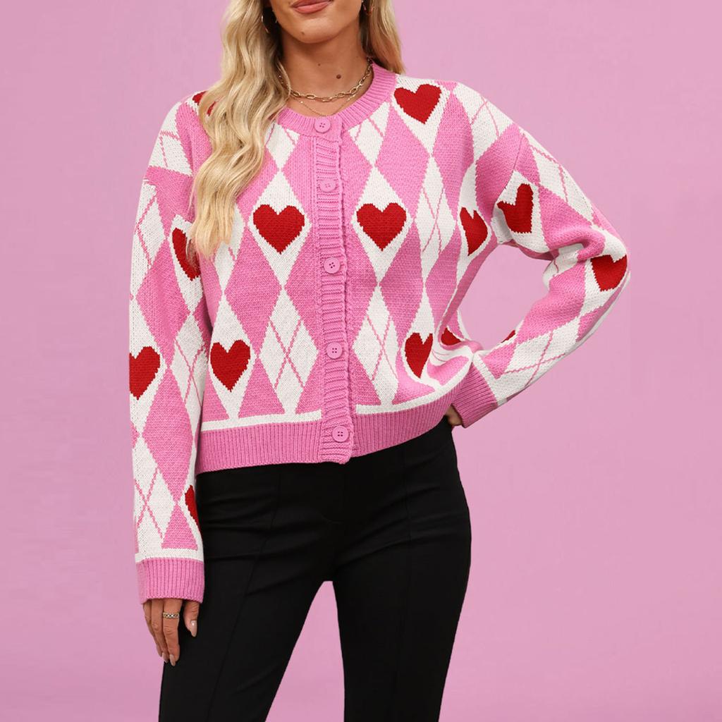 Women's Fashionable Round Neck Long Sleeved Heart-shaped Contrasting Button Casual Sweater Jacket