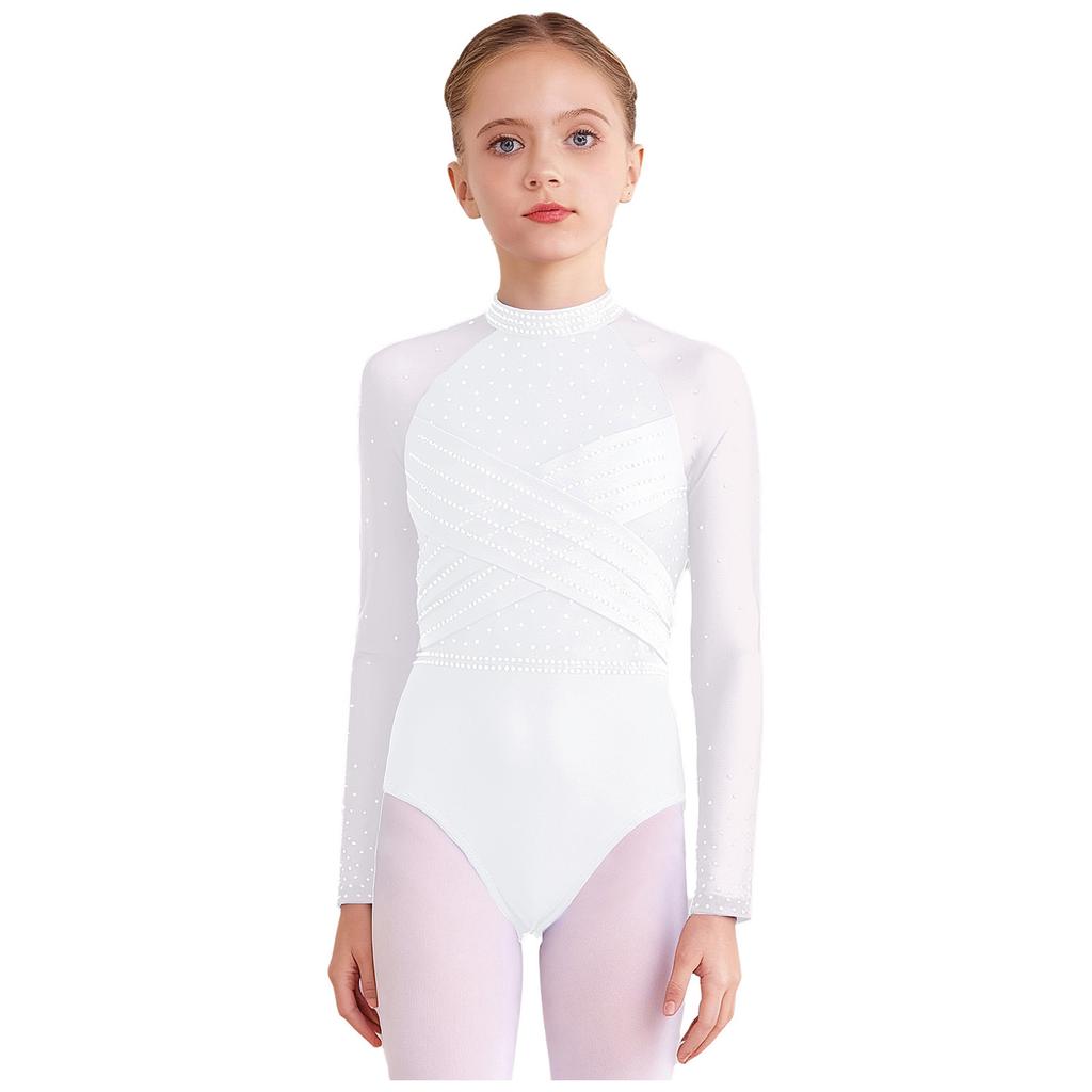 Dívčí průhledný síťovaný trikot s dlouhým rukávem, kamínky, gymnastický, s vykrojením vpředu a vzadu, body
