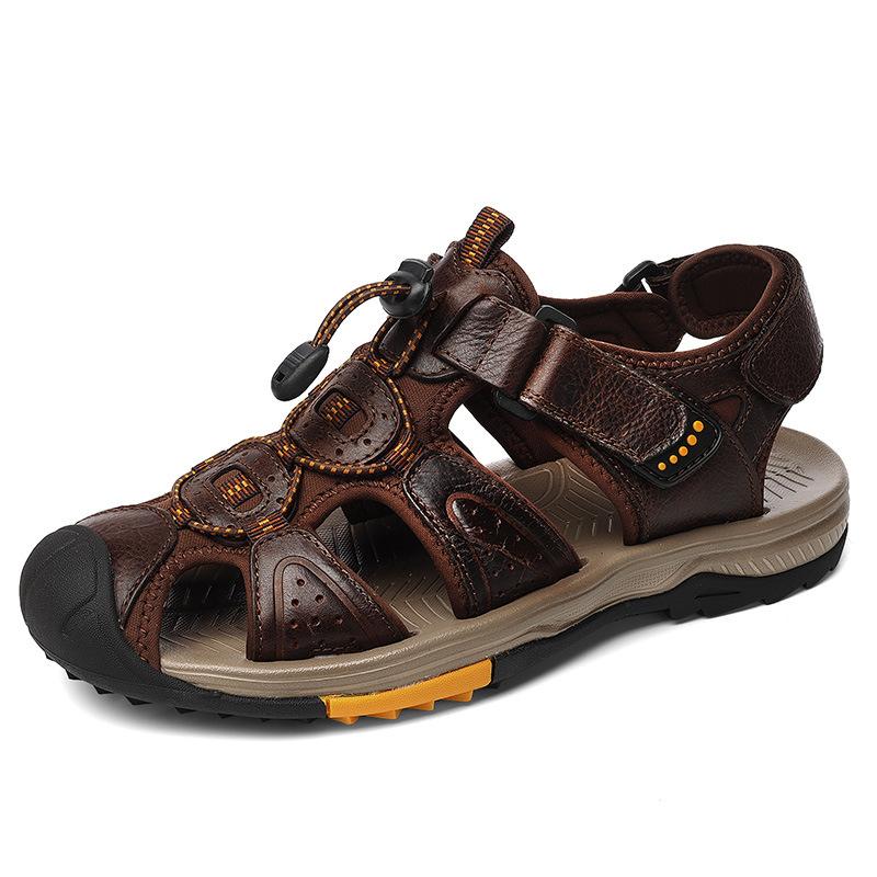 Large Size New Summer Men's Top Layer Cowhide Bag-Toe Casual Outdoor Beach Sandals Comfortable Velcro Non-Slip Breathable