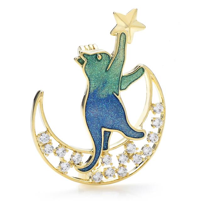 Catch Star Cat Brooches Unisex Color Enamel Stand On Moon Cat For Women Pets Event Party Event Office Brooches Pin Giveaway GiftsParty Gift Idea синий
