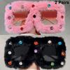 2 Pairs Square Furry Sunglasses with Rhinestones Women Fashion Oversized Winter Shades Trendy Chic Original Handmade Sun Glasses