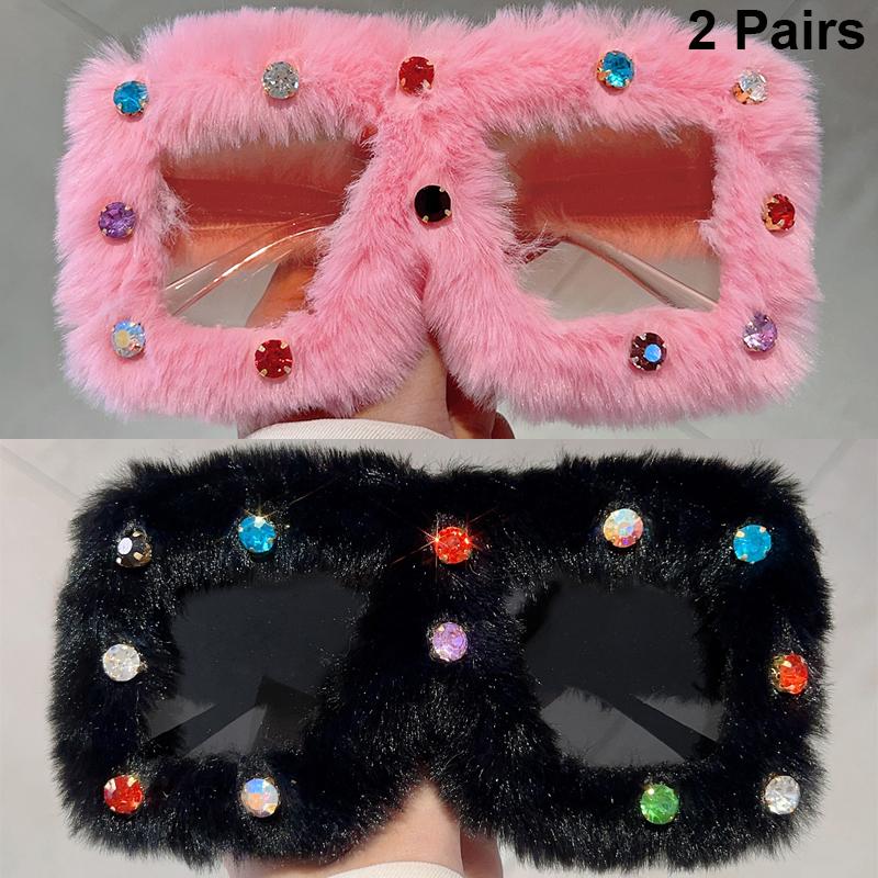 2 Pairs Square Furry Sunglasses with Rhinestones Women Fashion Oversized Winter Shades Trendy Chic Original Handmade Sun Glasses