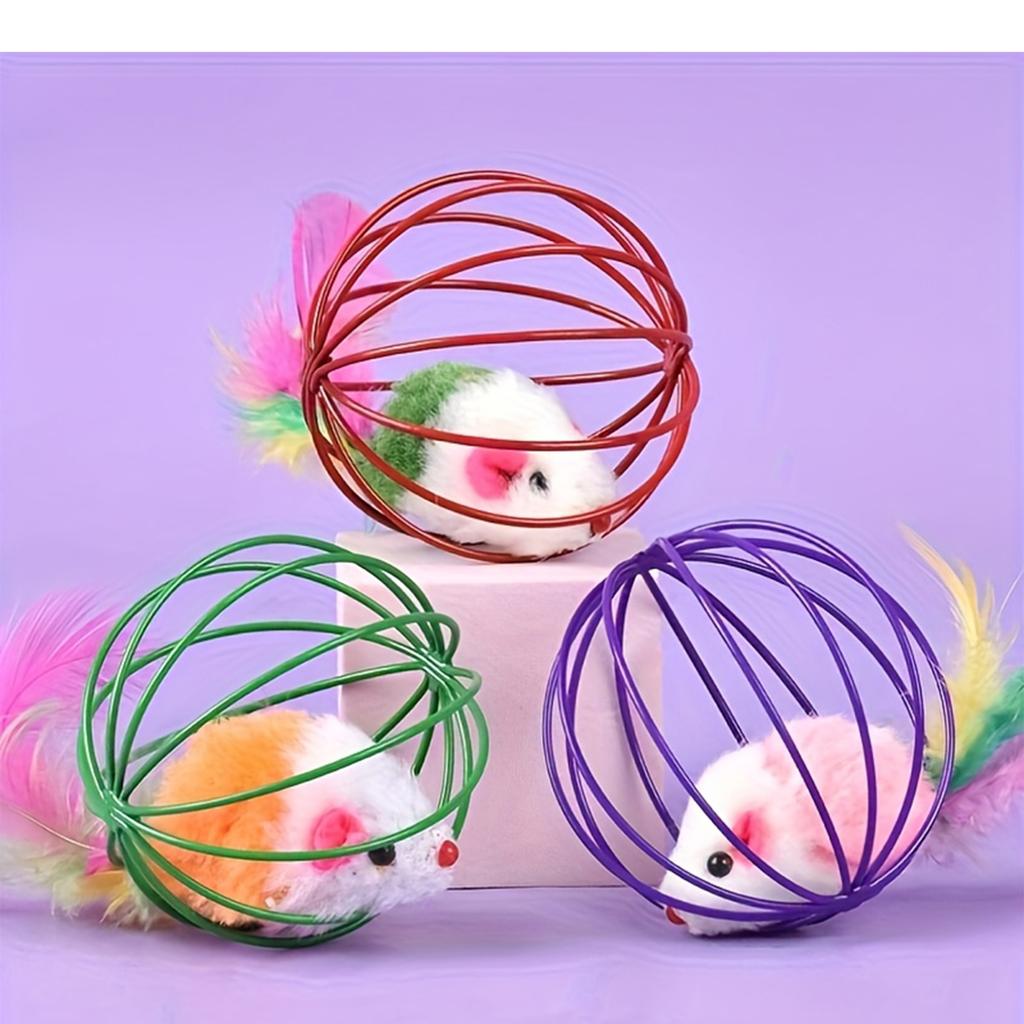 Random Cat Toy Mouse Real Feather Tail Painted Wire Cage Cat Toy Cage Mouse