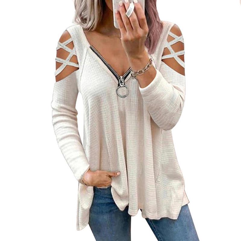 

2025 Европейский и американский осенний женский кроссовер с открытыми плечами, однотонный топ с V-образным вырезом на молнии, свободный, с длинным рукавом 3XL белый