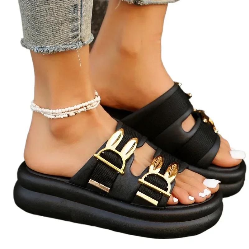 Damenschuhe 2024 Metalldekoration Täglich Runde Zehenpartie Plateau Pantoletten Sale Kleid mit Hängendes Riemchen Design Damen Hausschuhe