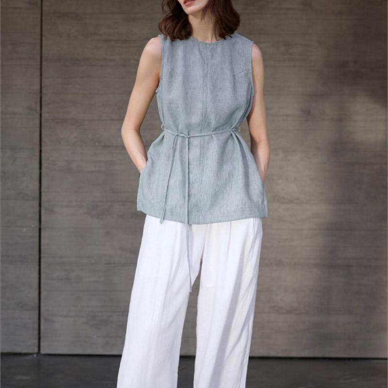 Johnature Round-neck Women Vest Camisole Summer Tie-loose Sleeveless Top Simple Sleeveless Tops