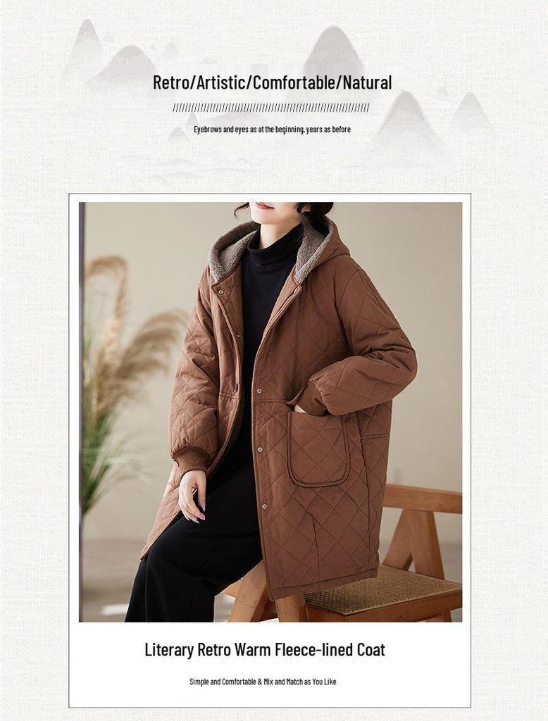 Women's Mid-Length Quilted Cotton Jacket with Hood – Warm Lambswool, Available in Orange-Red, Coffee-Green, Black