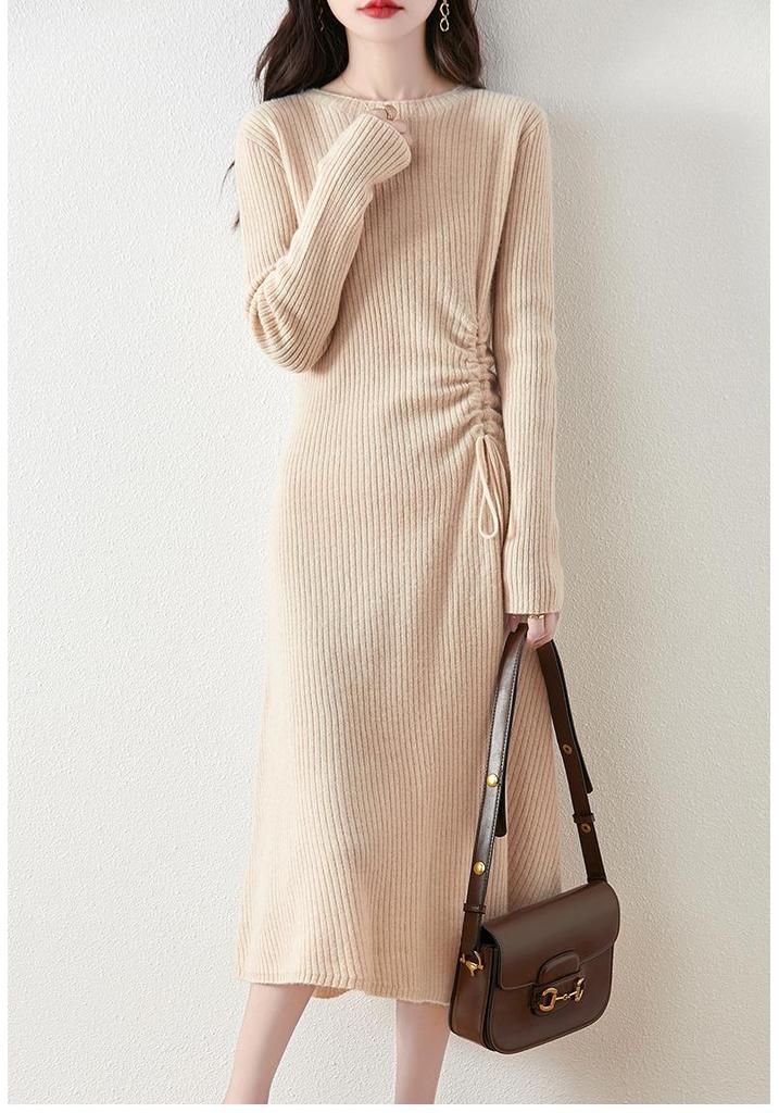 Women's Cashmere Knit A-Line Dress - Mid-Length, Round Neck, Over-the-Knee, 100% Pure, Casual and Versatile