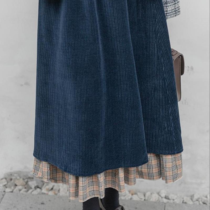 Retro Corduroy Women's Autumn Winter A-Line Midi Skirt Stylish Niche Plaid Color-Block Knee-Length Skirt