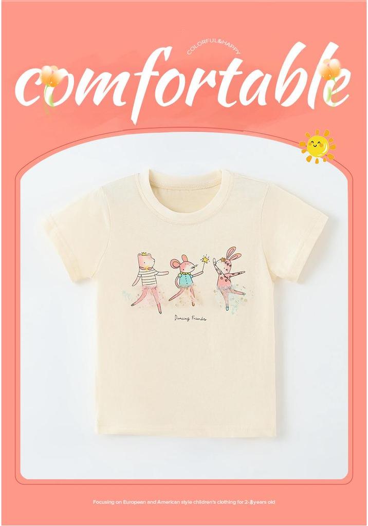 European & American Style Girls' Summer Short-Sleeve T-Shirt for Toddlers & Young Kids - Printed Round Neck Pullover