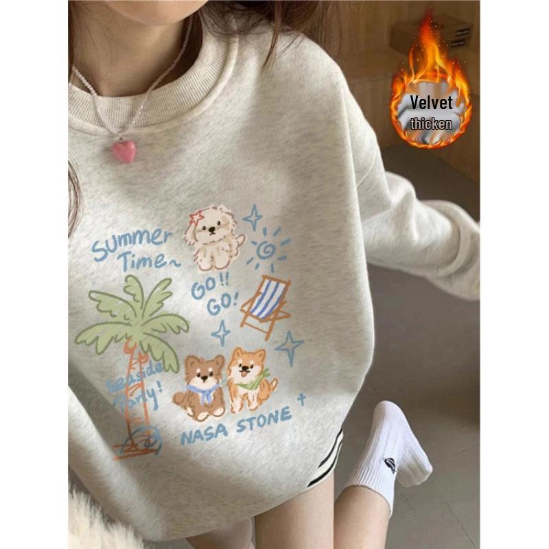 Women's Fleece-Lined Sweatshirt: Cartoon Cat, White & Gray, Long Sleeve, Round Neck, Autumn/Winter 2025 Style