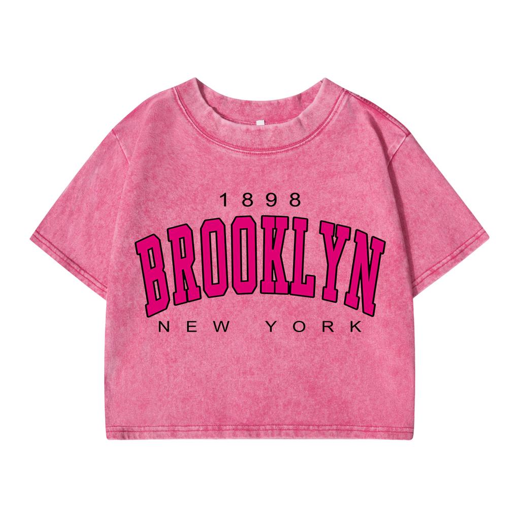 Womans Cotton Crop Tops Distressed Regular Fit Washed T-Shirts Brooklyn, New York Printing Tees Street Female Clothes