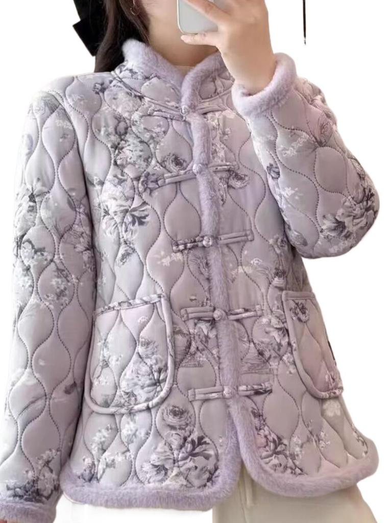 Women's Stand Collar Floral Padded Jacket - Chinese Style Winter Coat with Retro Frog Buttons and Ethnic Design, Plus Velvet for Warmth.
