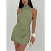 Women's Satin Halter Neck Mini Dress Backless Draped Waist Sleeveless Elegant Cocktail Party Evening Clubwear Short Dress 4 Colors