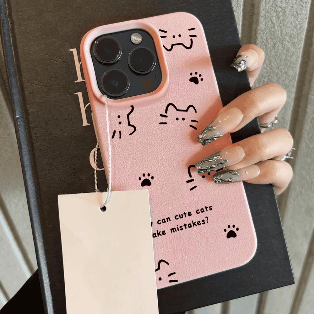 Cute Cartoon Cat Phone Case For iPhone 16 Pro Case iPhone 11 12 13 14 15 Pro Max 16 Plus Soft Litchi Pattern Leather Cover Funda