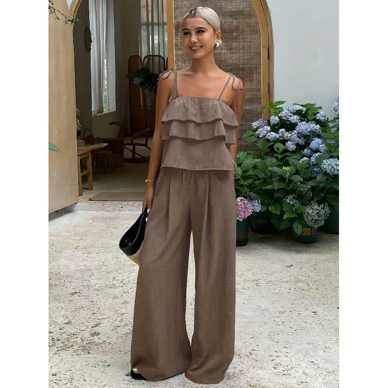 2026 New Fashion Ruffle Trim Camisole Top High-Waisted Tie-Up Pants Casual Women's Suit