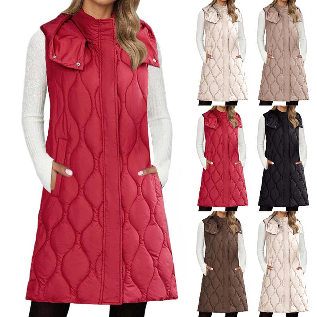 Long Vest Women Sleeveless Hooded Fall Winter Button Down Zip UpVests Jacket Outwear