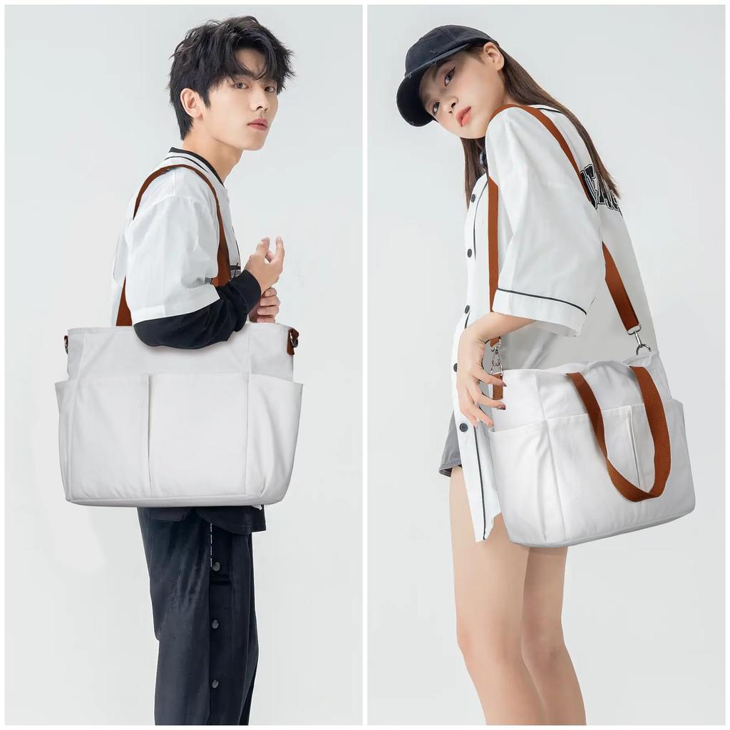 NUBILY Canvas Tote Bag, Shoulder Bag for Men and Women, Large Capacity, Solid Color, Canvas Tote Bag, Crossbody Bag, for Commuting, School, White