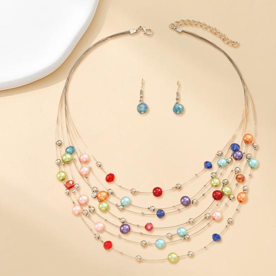 1 Ensemble Collier Boucles d'oreilles Dame Ensemble Multicouche Coloré Fausse Perle Bohème Longueur Réglable Faux Cristal Crochet