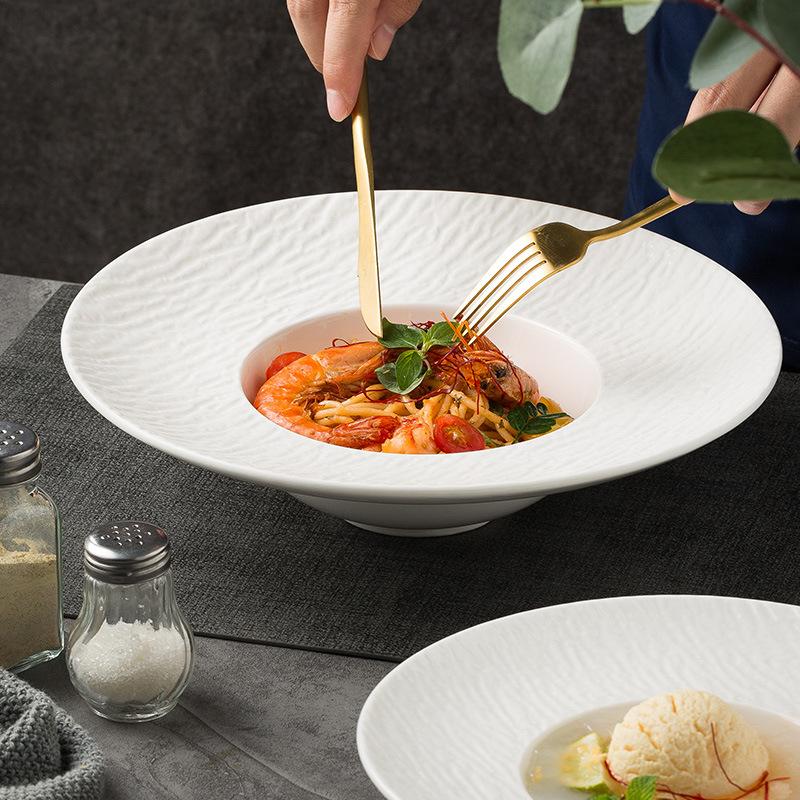 Pure White Stone Pattern Straw Hat Plate French Dessert Plate Restaurant Pasta Plate Premium Flying Saucer Plate Western Soup Plate