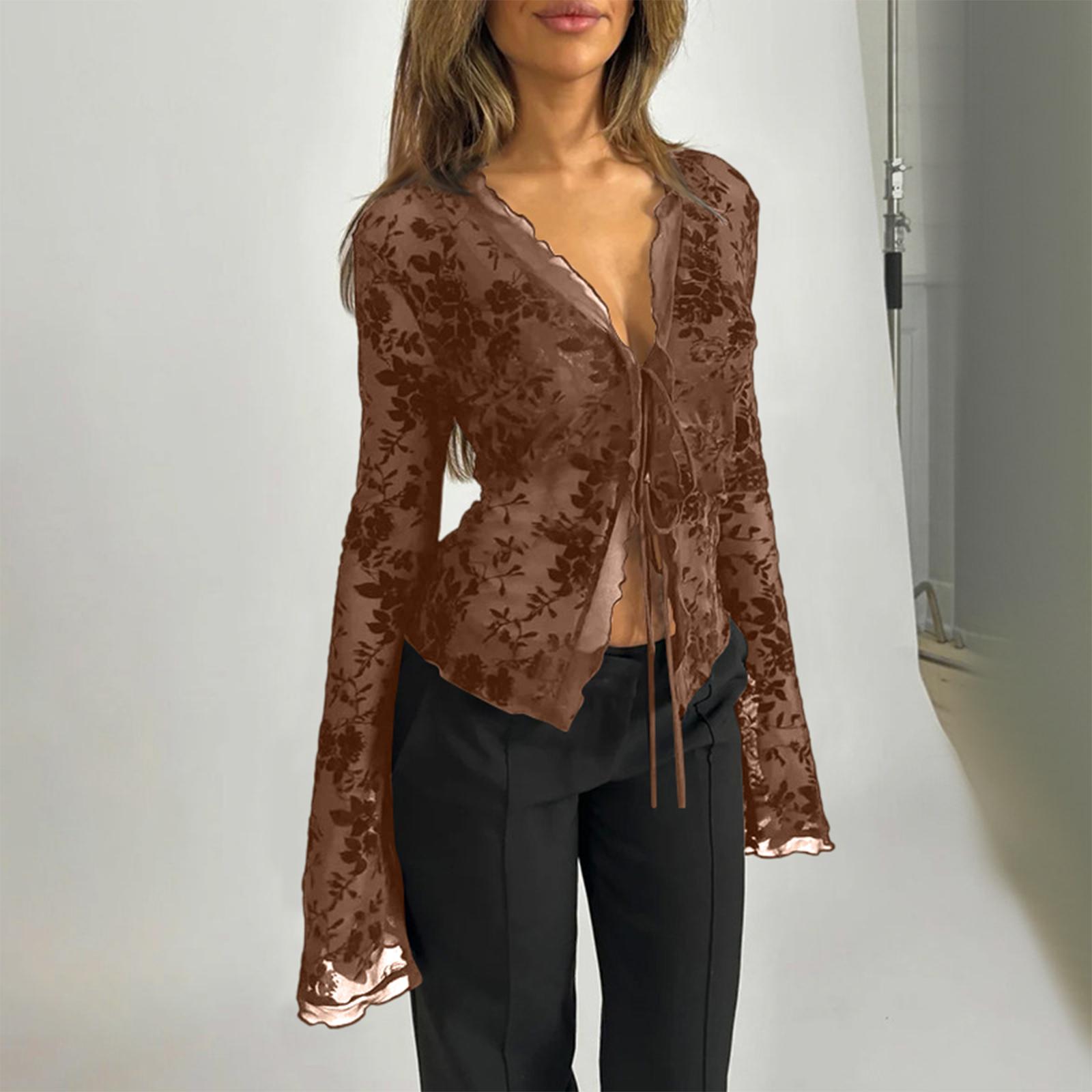 

Women s Casual Fashion Color Ruffled Bell Sleeve Chiffon Blouse L коричневий