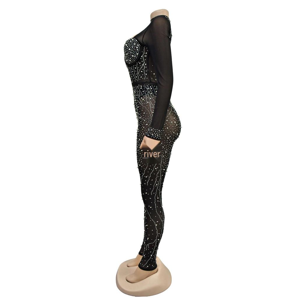 Combinaison en maille à manches longues pour femme avec design strassé