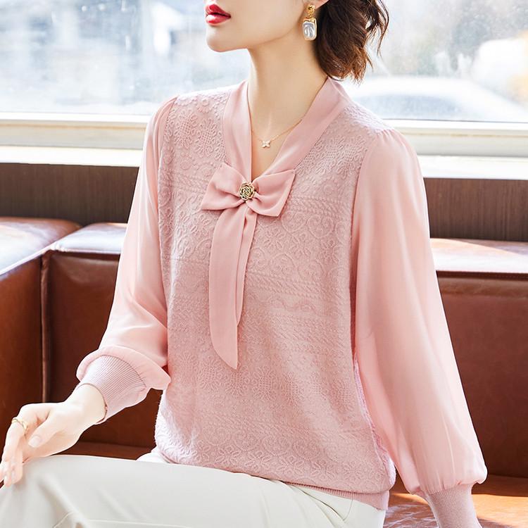 

2026 Women s Knitted Patchwork Mesh Top for Middle-aged and Elderly Mothers M рожевий