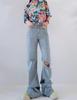 Women's High Waist Ripped Straight-Leg Jeans - Light Blue, Spring/Autumn 2024, Floor-Length, Slimming Fit