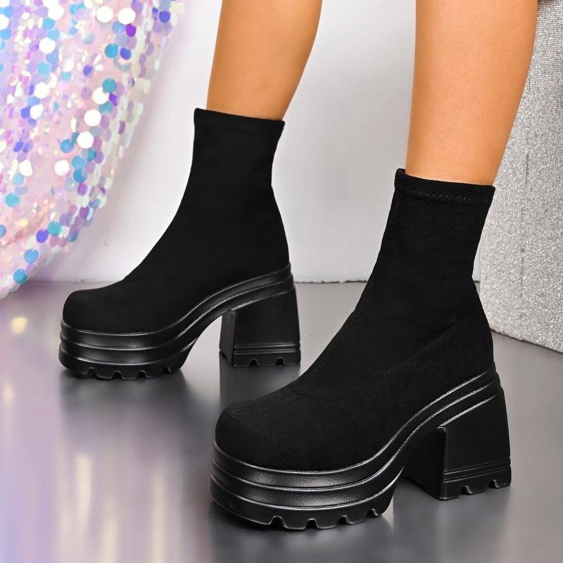 Fashion Black Thick-soled Women's Height-enhancing 2025 New Autumn Suede Thick-heeled Elastic Slim Short Boots