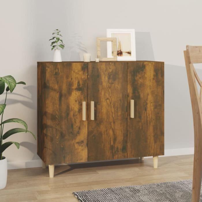 Low Buffet - Smoked Oak - 90x34x80 Cm - 3 Doors - Engineered Wood - Classic Style