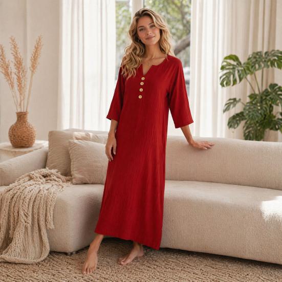 Loose Maxi Dress for Women,  3/4 Sleeve Button Up V Neck Casual Long Dress, Summer Flowy Beach Sundress