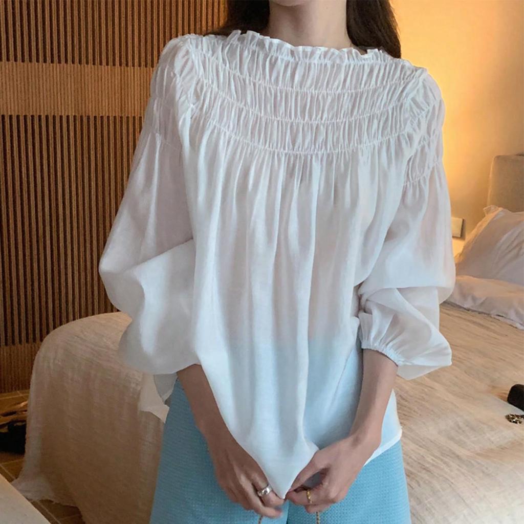Camicetta da Donna in Chiffon con Pieghe, Maniche a Sbuffo e Scollo Tondo - Stile Giapponese & Coreano, Primavera/Autunno, Design Off-the-Shoulder