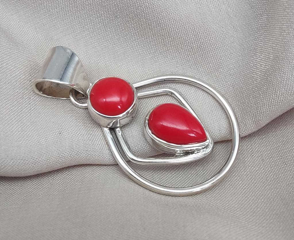 Red Coral Pendant: Two-Stone 925 Sterling Silver Boho Necklace